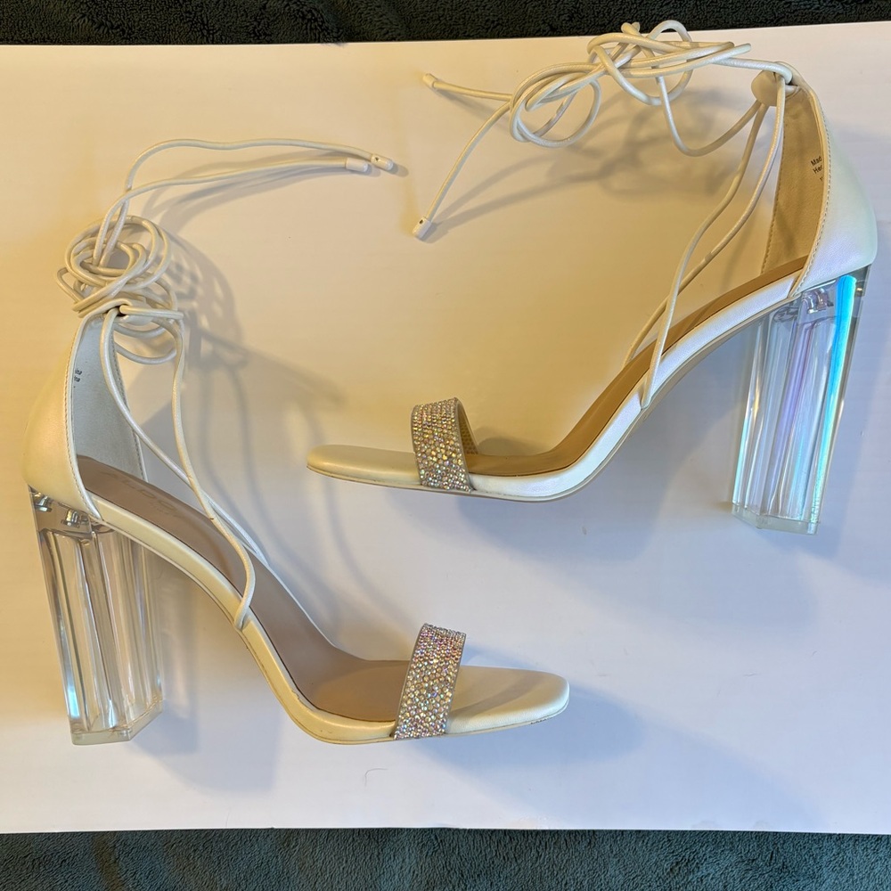 Aldo Rhinestone Lace-Up Clear Block Heels • White • Size 9